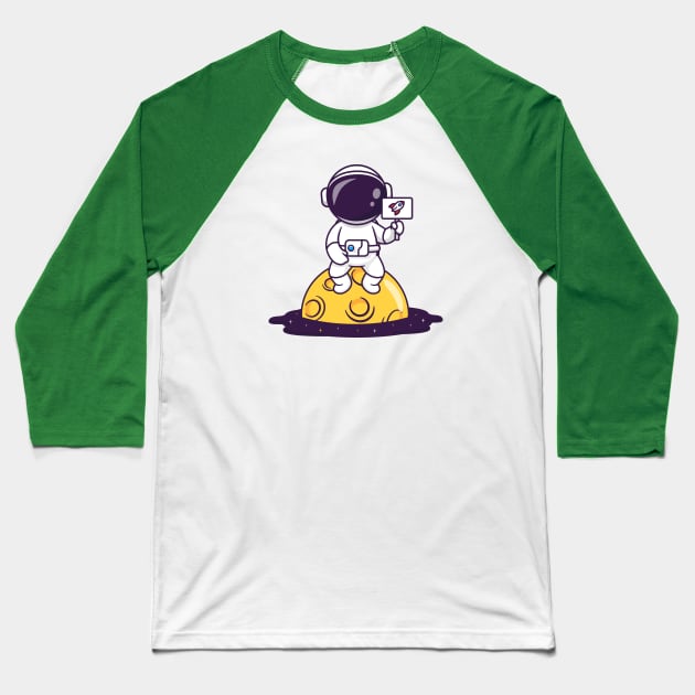 Cute Astronaut Sitting On Moon With Rocket Sign Cartoon Baseball T-Shirt by Catalyst Labs